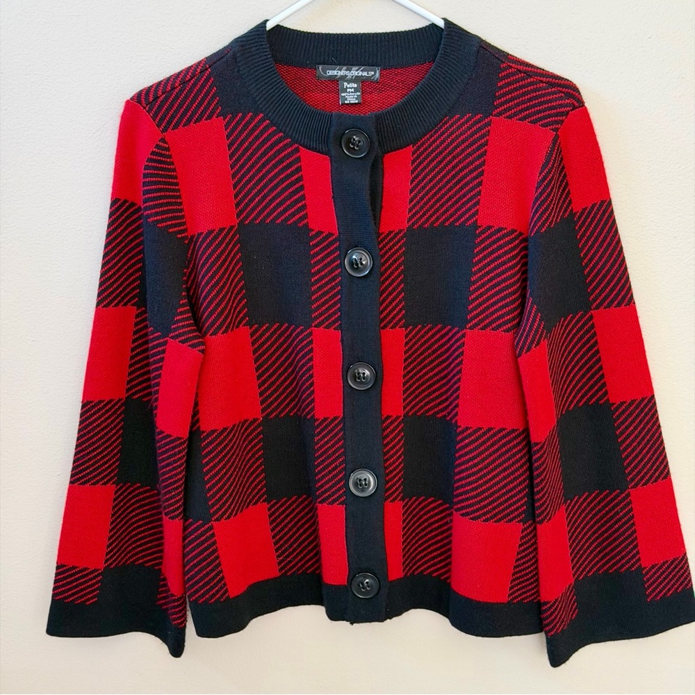 Red and Black Checkered Cardigan Sweater Sz PM